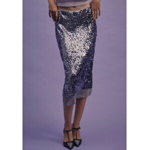 By Anthropologie Sequin Lace Midi Skirt Blue Grey Motif Medium Petite MP